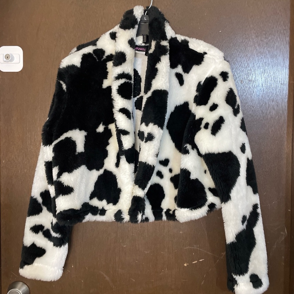 Vintage 90’s Fredericks of Hollywood Cow Print Faux Fur Cropped Jacket Y2K